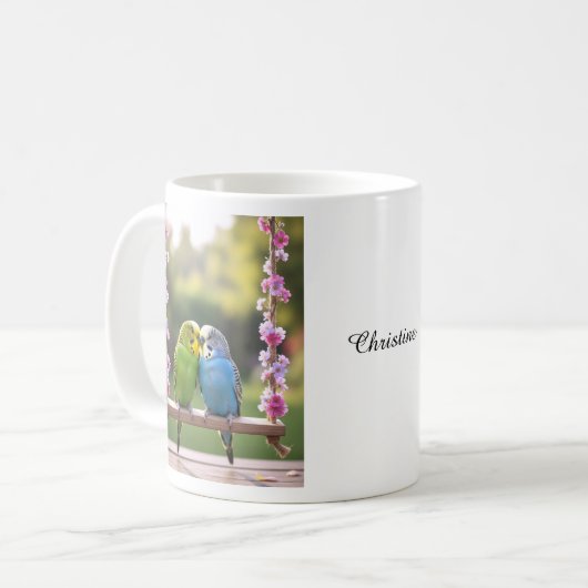 Mug Cute Budgie Couple Snuggling Customized Name (Devant gauche)