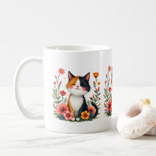 Mug Cute Calico Chat avec Cottagecore Floral Esthétiqu