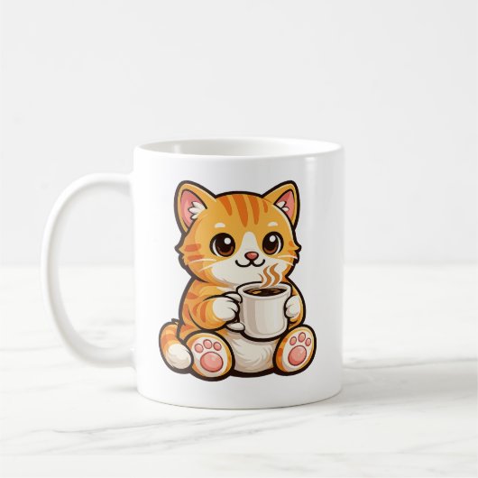 Mug Cute Cat Coffee – Cozy Orange Cat Drinking Coffee  (Gauche)