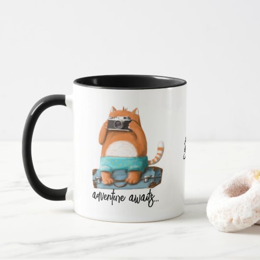 Mug Cute Cat Funny Adventure Travel Nom personnalisé (Avec donut)