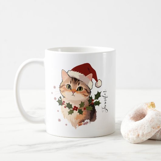 Mug Cute Cat with Christmas hat Personalized Name (Avec donut)