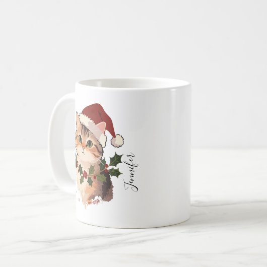 Mug Cute Cat with Christmas hat Personalized Name (Devant gauche)
