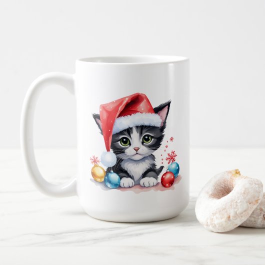 Mug Cute chat noir et blanc à Santa Hat Noël (Avec donut)