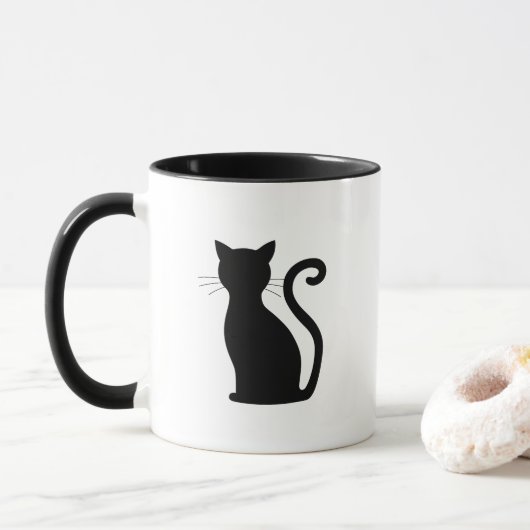 Mug Cute Chat Noir Silhouette Fun Noir et Blanc (Avec donut)
