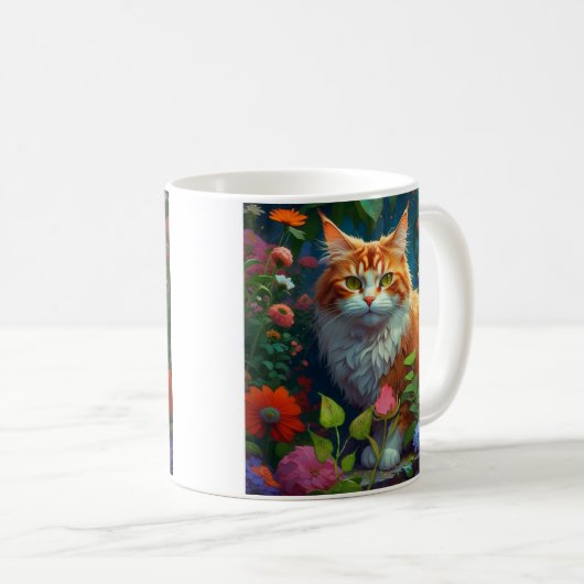 Mug Cute Chat orange et blanc assis en Fleurs (Devant droit)