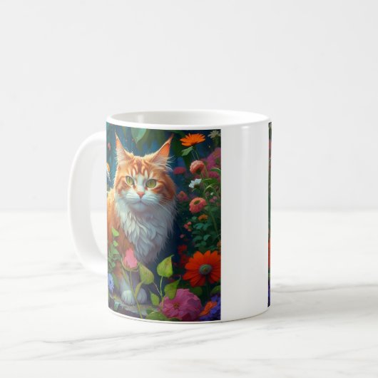 Mug Cute Chat orange et blanc assis en Fleurs (Devant gauche)