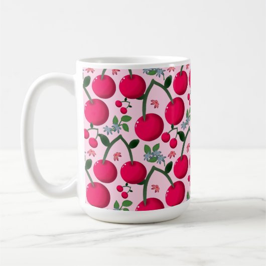 Mug Cute Cherry  Pattern, Glossy Kawaii Fruit (Gauche)
