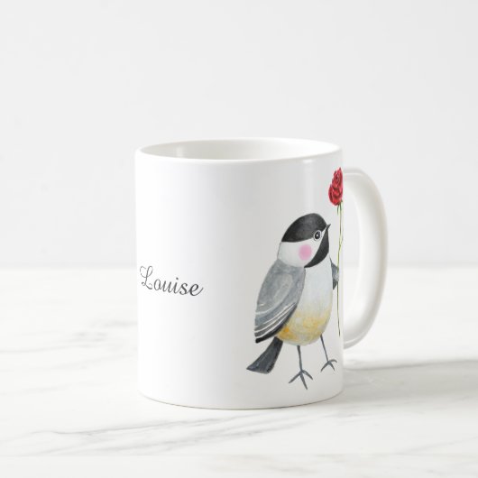 Mug Cute Chickadee with a single red rose Custom Name  (Devant droit)