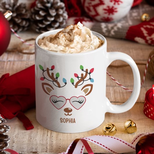 Mug Cute Christmas reindeer face With Ligths
