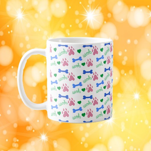 Mug Cute Dog Paw Pattern Hearts, Bones Woof Pink Blue 