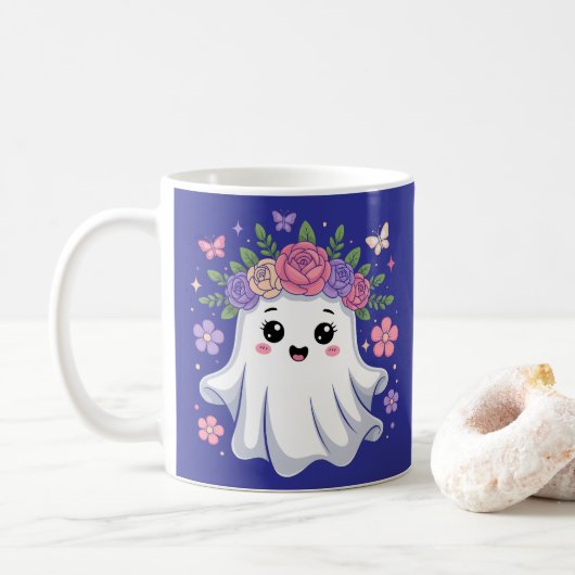 Mug Cute Fantôme Floral Kawaii Fantôme Halloween Kawai (Avec donut)