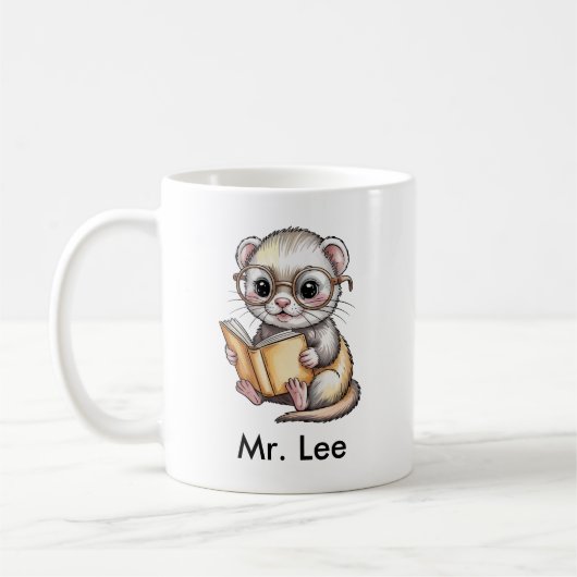 Mug Cute Ferret Reading Book Custom (Gauche)