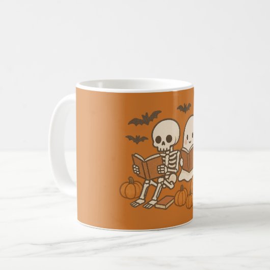 Mug Cute Ghost et Skeleton Lecture avec Citrouille (Devant gauche)