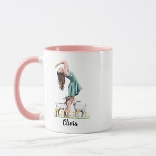 Mug Cute Girl exercice avec chèvre, aquarelle
