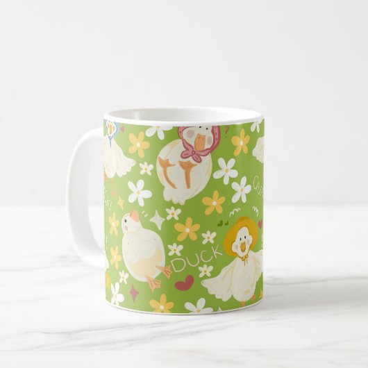 Mug Cute Green Duck & Daisy Flower Seamless Pattern (Devant gauche)