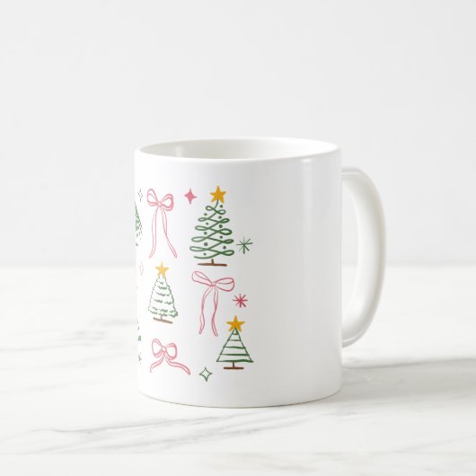 Mug Cute Hand Drawn Christmas Trees and Bows Pattern (Devant droit)