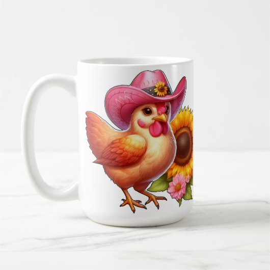 Mug Cute Hen en Casquette rose avec Tournesol brillant (Gauche)
