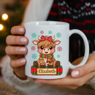 Mug Cute Highland Cow Nom personnalisé Noël