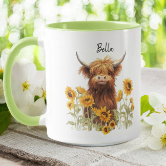 Mug Cute Highland Scottish Cow Sunflower Floral