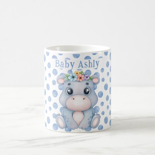 Mug Cute hippo with baby name blue polka dots (Centre)
