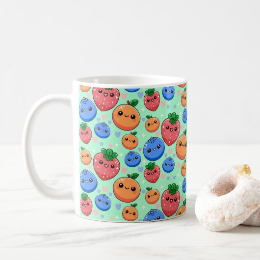 Mug Cute Kawaii Green Orange Blue Fruit (Avec donut)