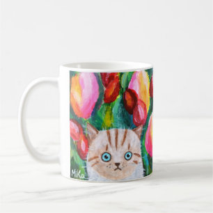 Mug Cute Kitten Blanc Dans Jardin Tulip Coloré Plutôt