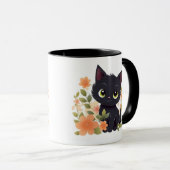 Mug Cute Kitten noir avec fleurs (Devant droit)