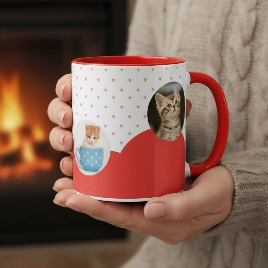 Mug Cute Kittens and Red Hearts Pattern Personalized 