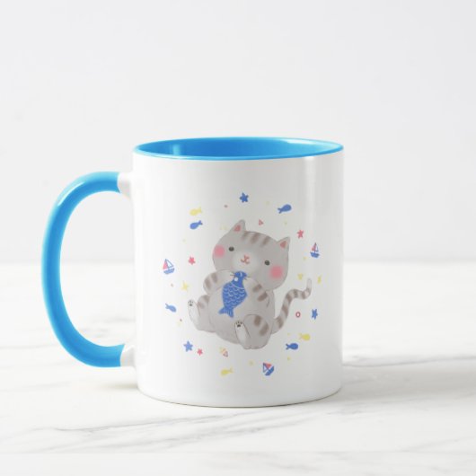 Mug Cute Kitty avec du poisson en été Illustration (Gauche)