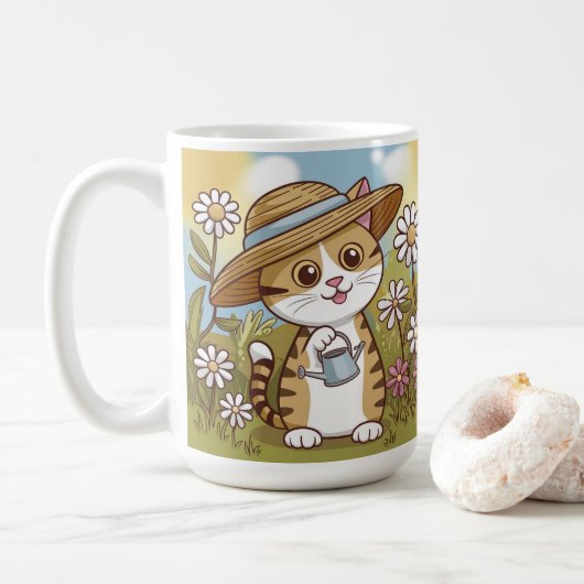 Mug Cute Kitty dans un Casquette de soleil avec fleurs (Avec donut)