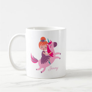 Mug Cute Orange Haired Girl équitation sur une licorne