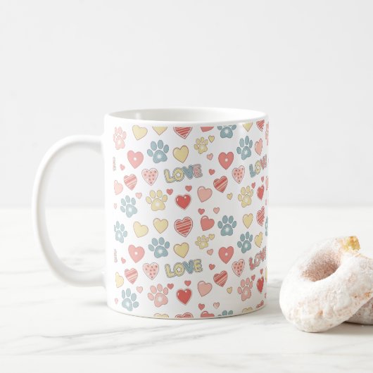 Mug Cute Pastel Paw Prints and Hearts "LOVE" Pattern  (Avec donut)