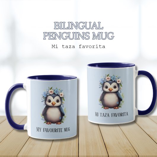 Mug Cute Penguins Bleu Personnalisé Texte Bilingue Esp