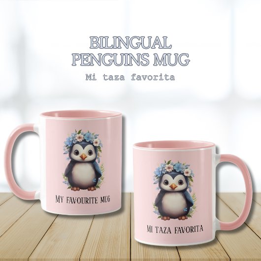 Mug Cute Penguins rose Personnalisé Texte bilingue