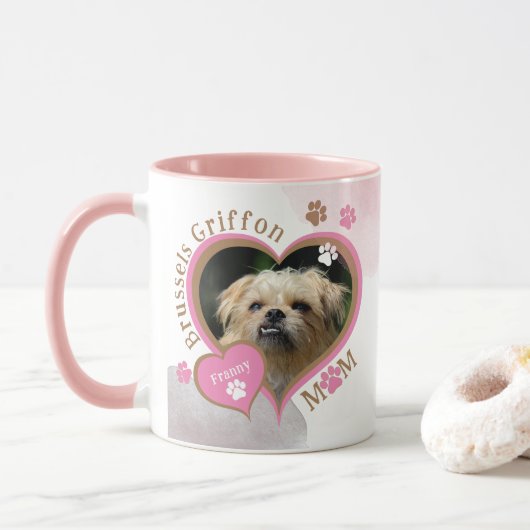 Mug Cute Pink Brussels Griffon Chig Mom Photo et nom (Avec donut)