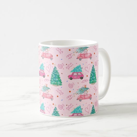 Mug Cute Pink Christmas Car Tree Seamless Pattern (Devant droit)