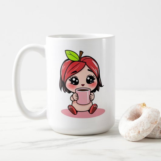 Mug Cute Pomme Tête Chibi Boire Café (Avec donut)