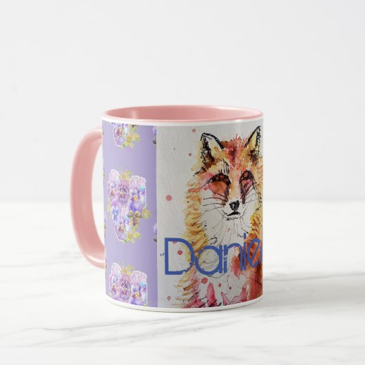 Mug Cute Red Fox Animal Purple Pansies (Devant gauche)