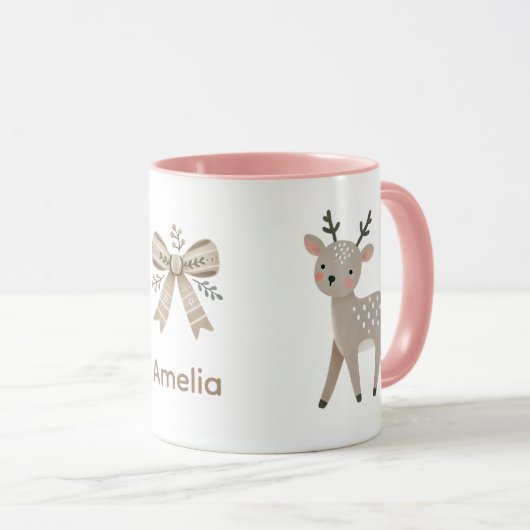 Mug Cute Reindeer & Bow Drawing Christmas Name (Devant droit)