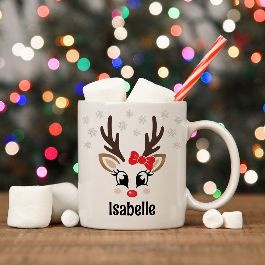 Mug Cute Reindeer Girl Red Bow Nom personnalisé Noël