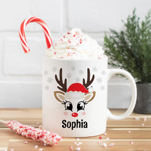 Mug Cute Reindeer Girl Santa Hat Nom personnalisé Noël