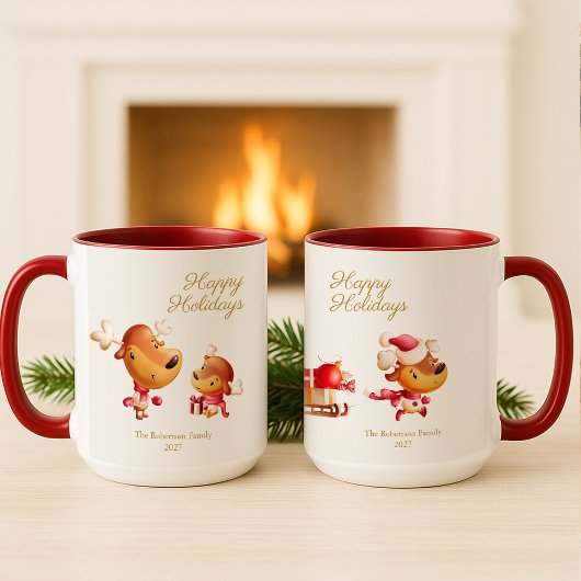 Mug Cute Reindeer Happy Holidays Personalized