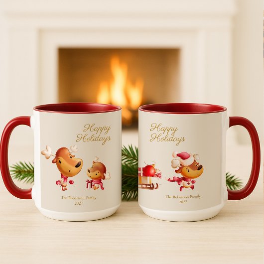 Mug Cute Reindeer Happy Holidays Personalized