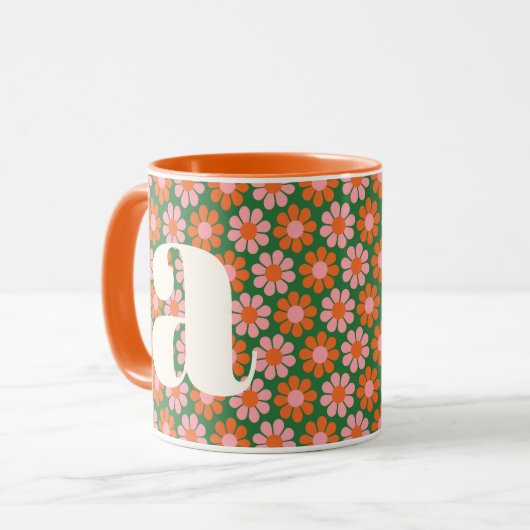 Mug Cute Retro Flowers Green Pink Monogram Custom (Devant gauche)