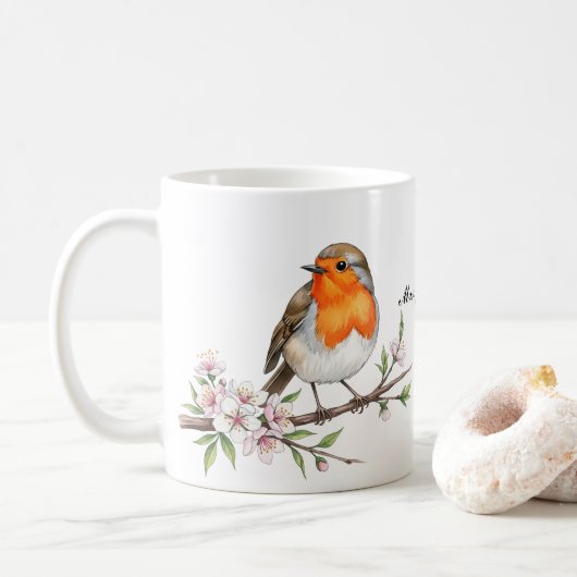 Mug Cute Robin Bird sur Floral Branch Nom personnalisé (Avec donut)