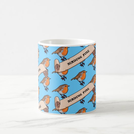 Mug Cute Robin Birding Fuel Retro Pixel Art Motif (Centre)
