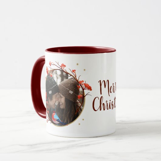 Mug Cute Robin Birds Berries Wreath Photo de Noël (Devant gauche)
