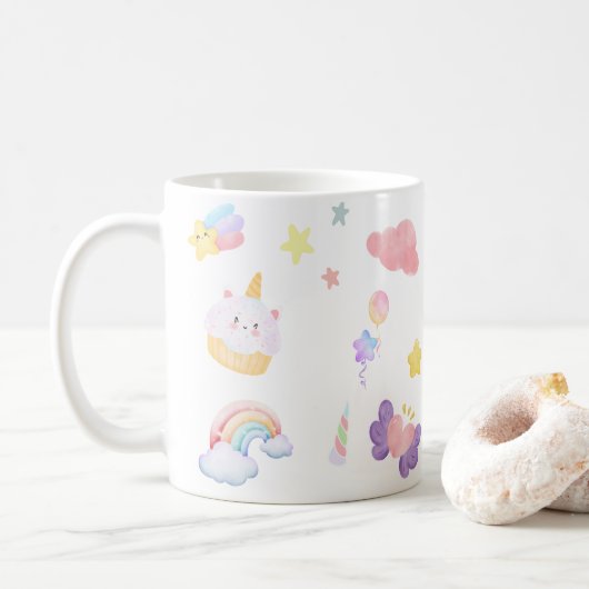 Mug Cute rose doux cupcake unicorne Motif arc-en-ciel (Avec donut)