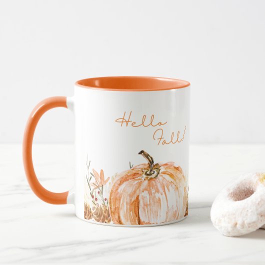 Mug Cute saisonnier Bonjour Automne Aquarelle Citrouil (Avec donut)