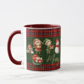 Mug Cute Santa Elves Merry Christmas Green Red Plaids (Gauche)
